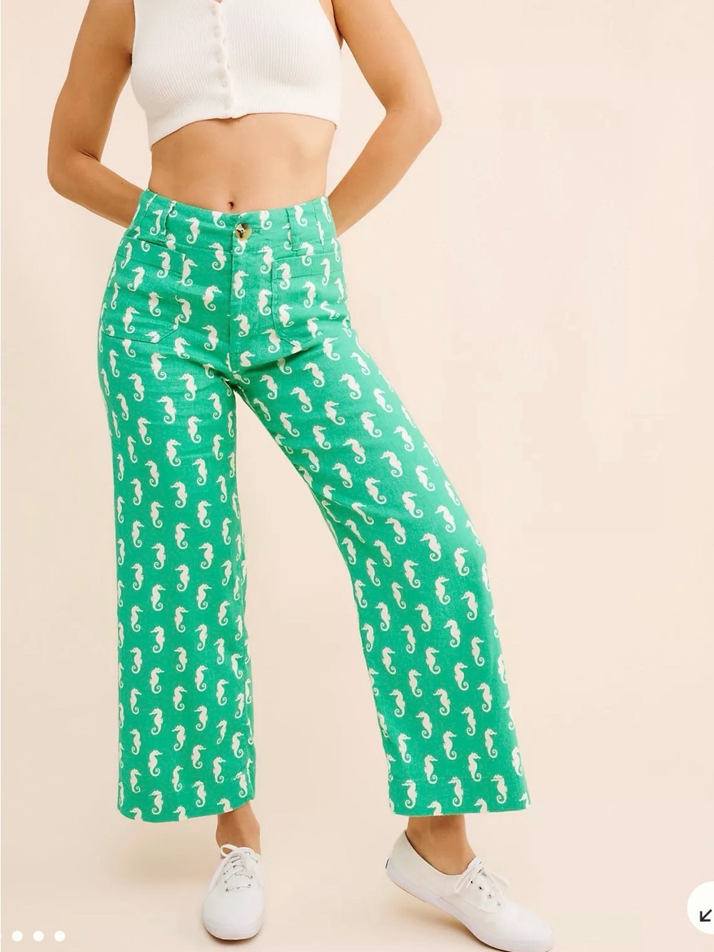Green Seahorse Print Wide-Leg Pants